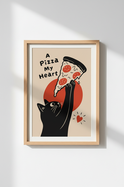 Funny Cat Pizza Print | Cute Retro Kitchen Wall Art | Minimalist Foodie Poster