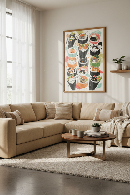 Cute Sushi Cat Wall Art Print | Kitchen Dining Room Decor | Kawaii Japanese Poster