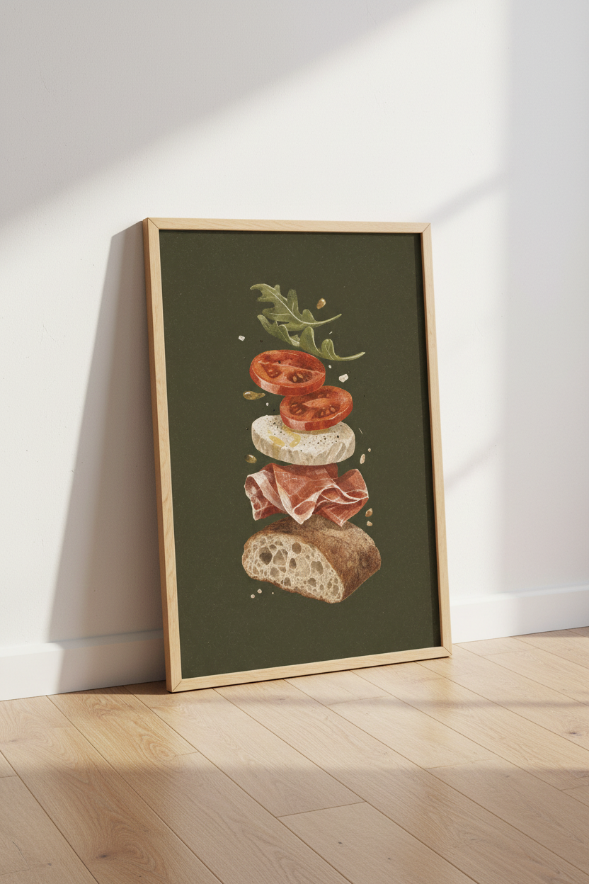 Sandwich Ingredients Wall Art | Italian Food Print, Kitchen Decor | Moody Foodie Poster