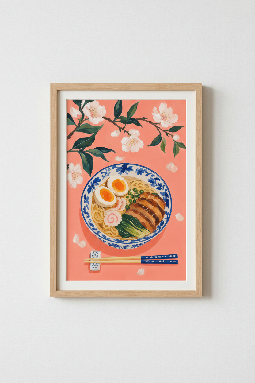 Japanese Ramen Wall Art Print | Pink Cherry Blossom Noodle Poster, Kitchen Decor