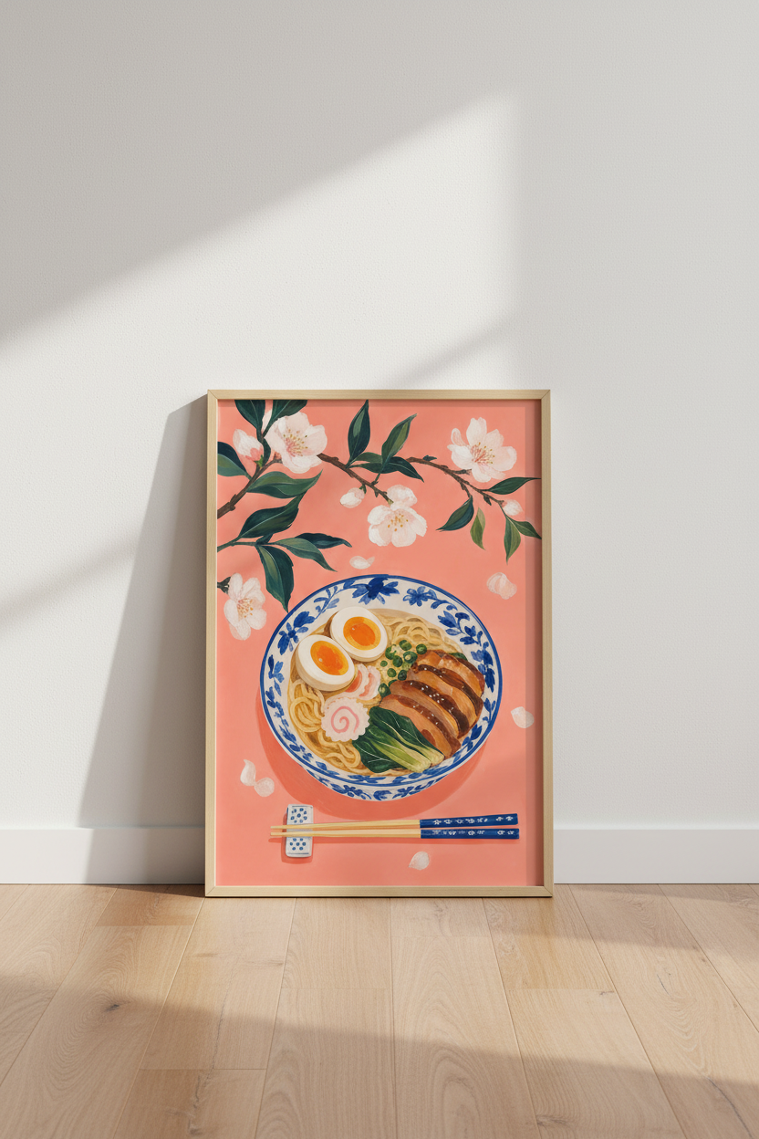 Japanese Ramen Wall Art Print | Pink Cherry Blossom Noodle Poster, Kitchen Decor