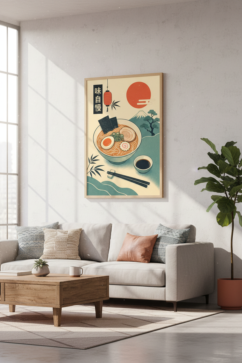 Japanese Ramen Bowl Wall Art | Mount Fuji Retro Poster | Kitchen Gallery Decor