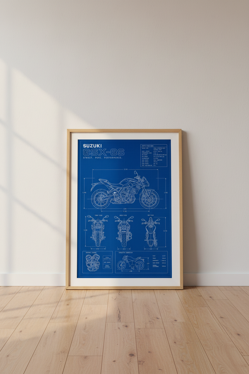 Suzuki GSX-8S Motorcycle Blueprint | Blue Technical Poster, Garage Decor