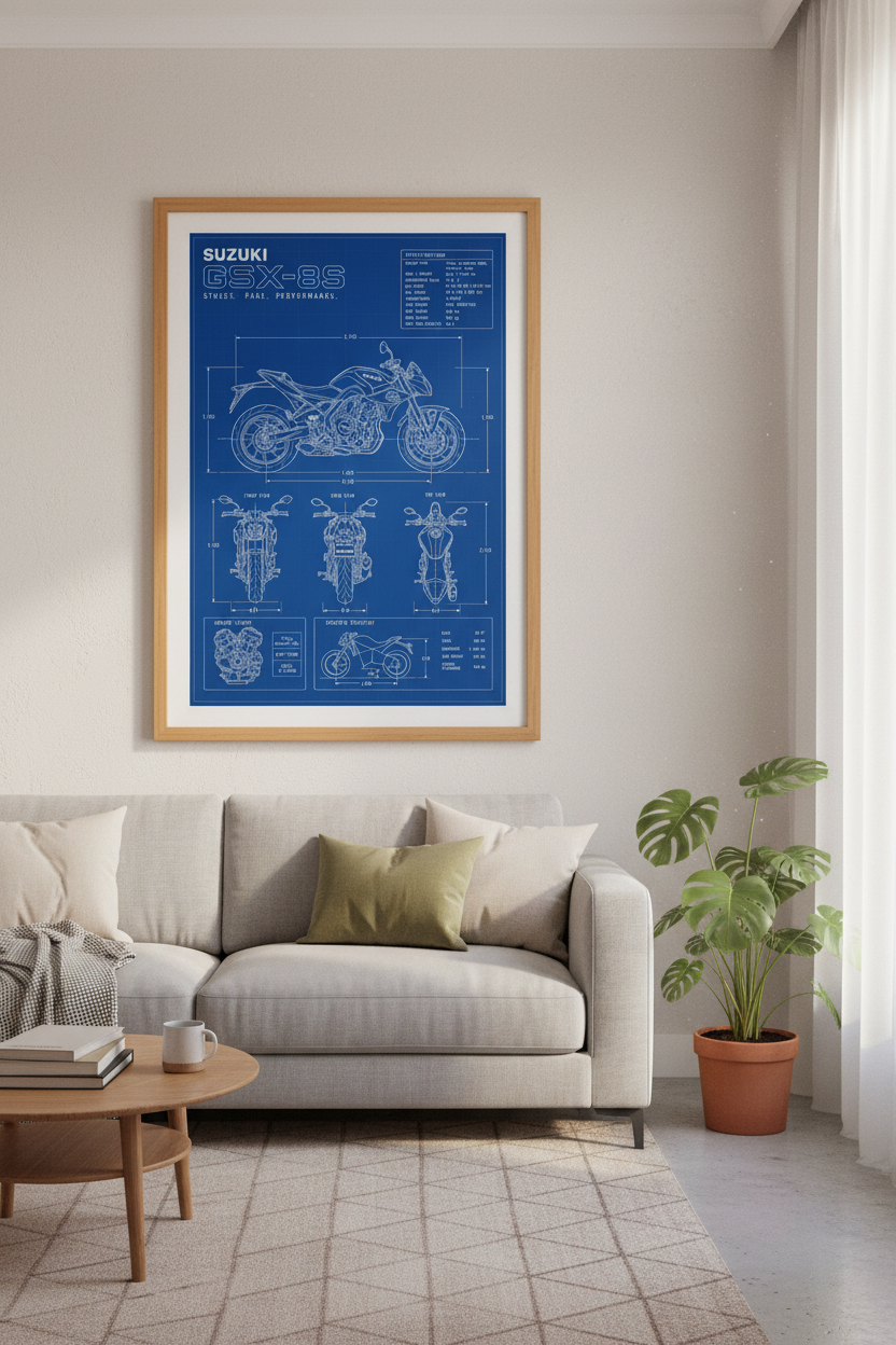 Suzuki GSX-8S Motorcycle Blueprint | Blue Technical Poster, Garage Decor