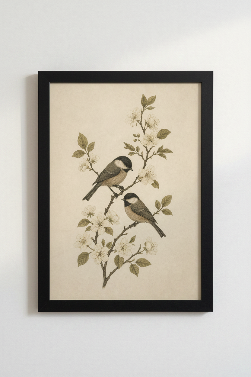 Chickadee Bird Wall Art | Vintage Botanical Illustration | Living Room Decor Poster