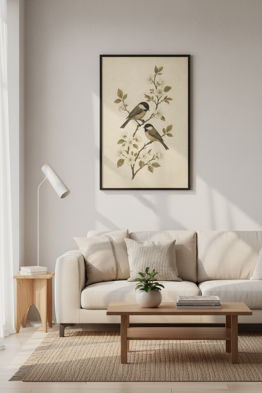 Chickadee Bird Wall Art | Vintage Botanical Illustration | Living Room Decor Poster