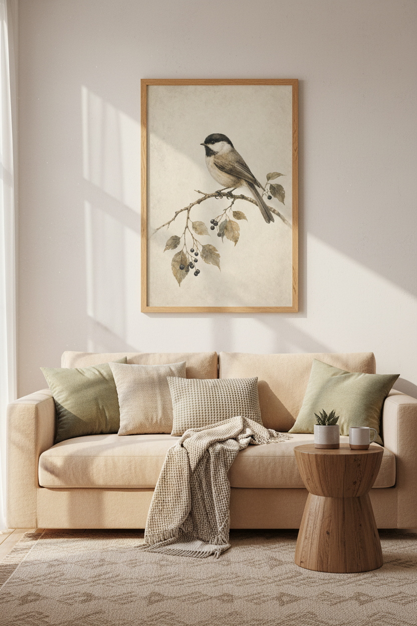 Vintage Chickadee Bird Wall Art | Watercolor Nature Poster, Farmhouse Decor