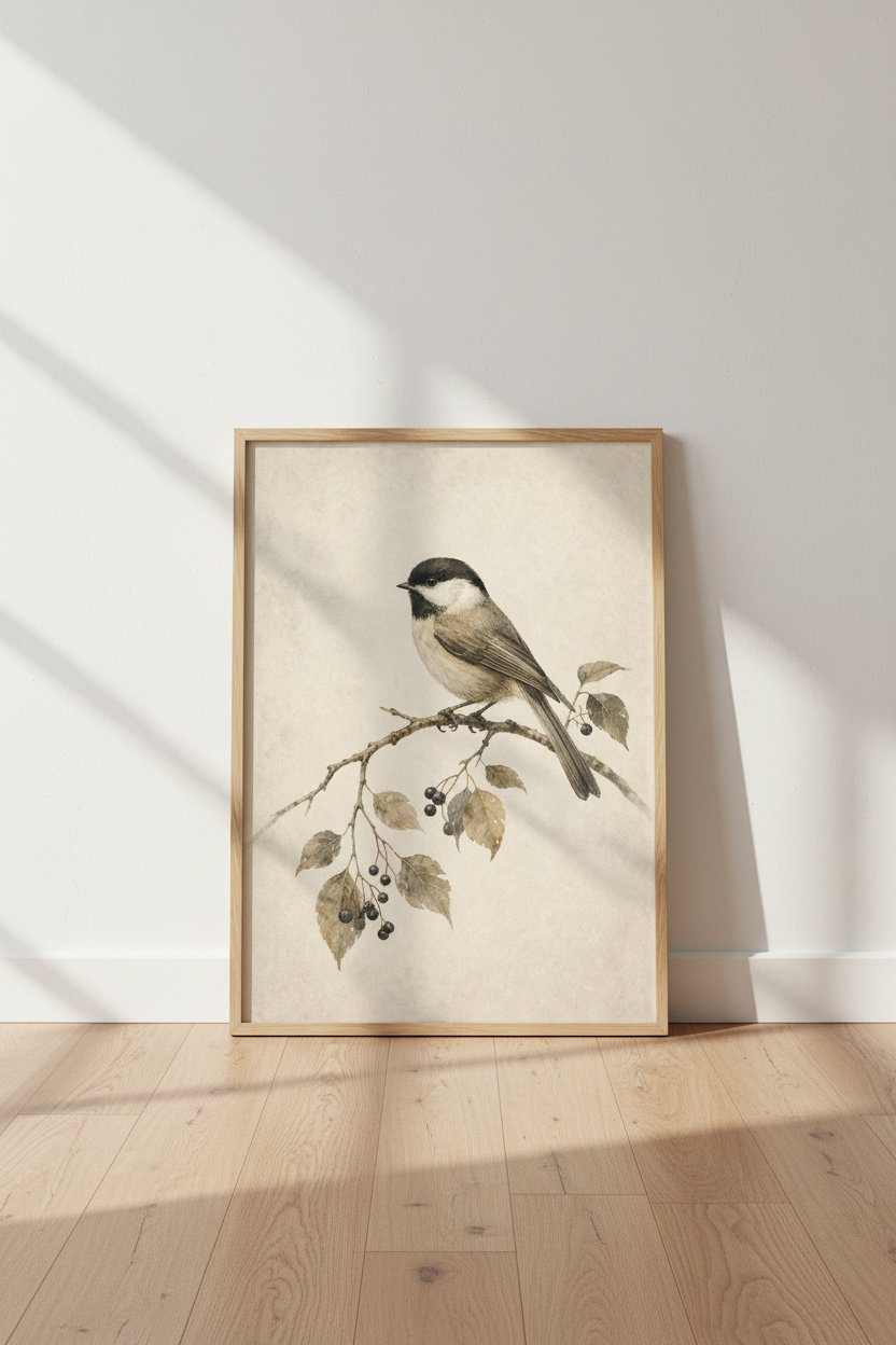 Vintage Chickadee Bird Wall Art | Watercolor Nature Poster, Farmhouse Decor