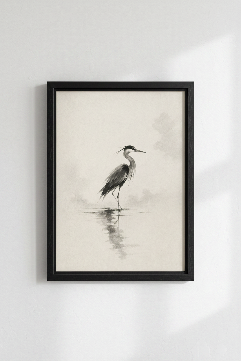 Great Blue Heron | Japanese Sumi-e Ink Wash, Minimalist Zen Wall Art Print
