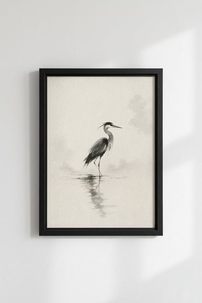 Great Blue Heron | Japanese Sumi-e Ink Wash, Minimalist Zen Wall Art Print