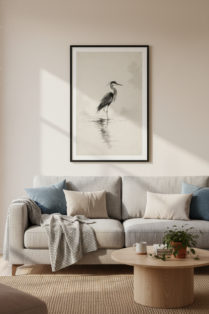 Great Blue Heron | Japanese Sumi-e Ink Wash, Minimalist Zen Wall Art Print