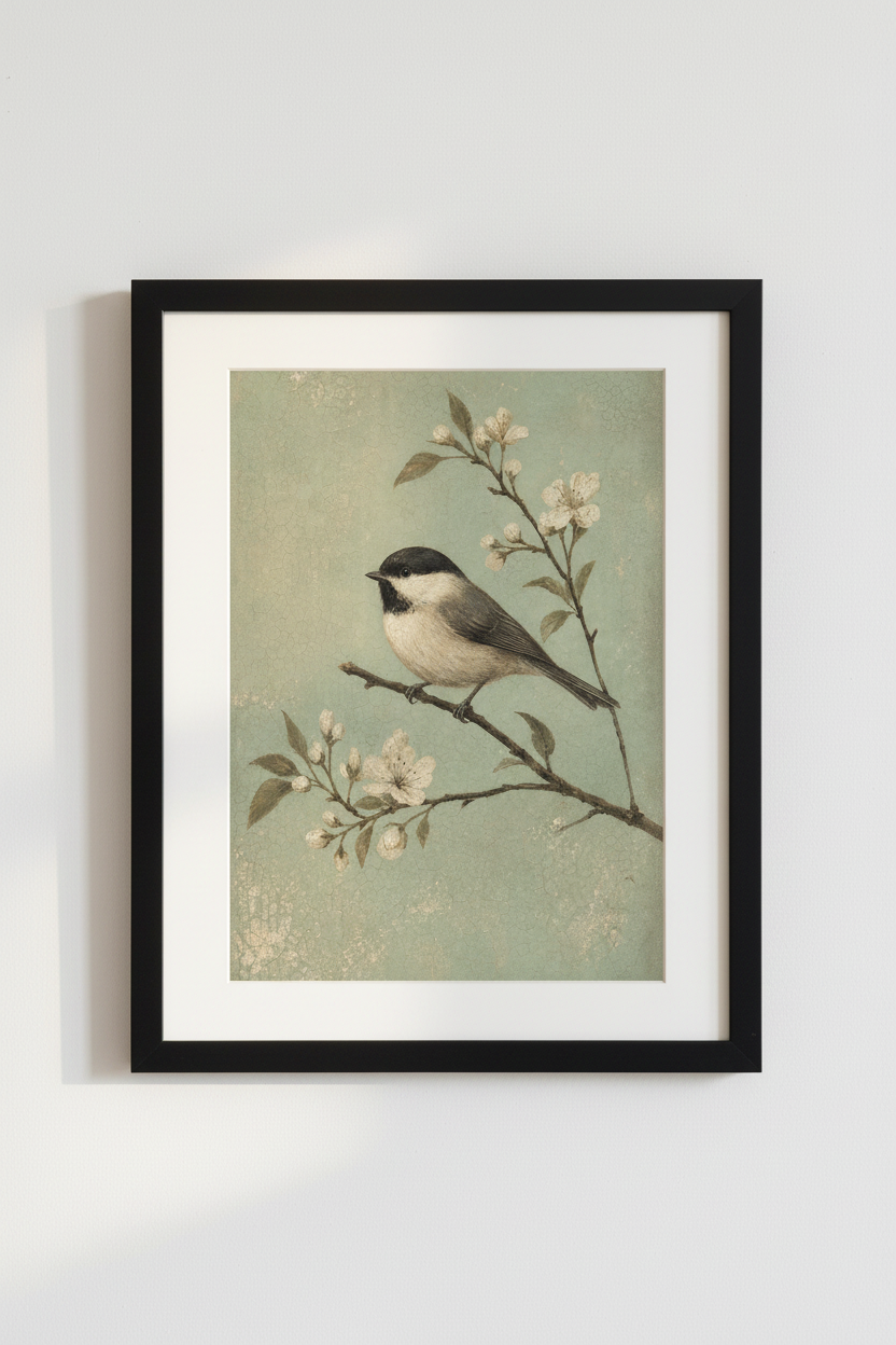 Vintage Chickadee Bird Wall Art Print | Sage Green Farmhouse Decor | Antique Poster Art