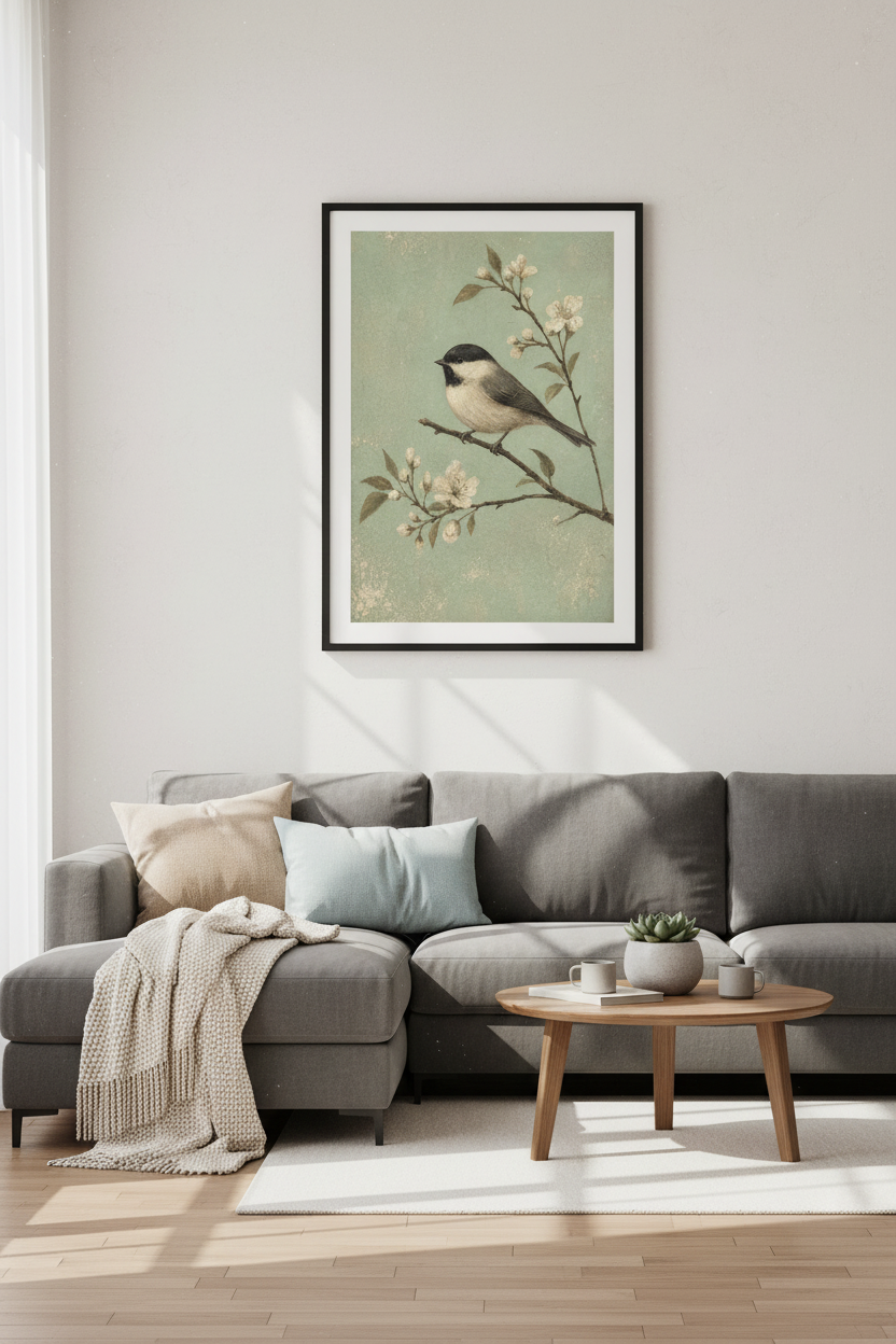 Vintage Chickadee Bird Wall Art Print | Sage Green Farmhouse Decor | Antique Poster Art