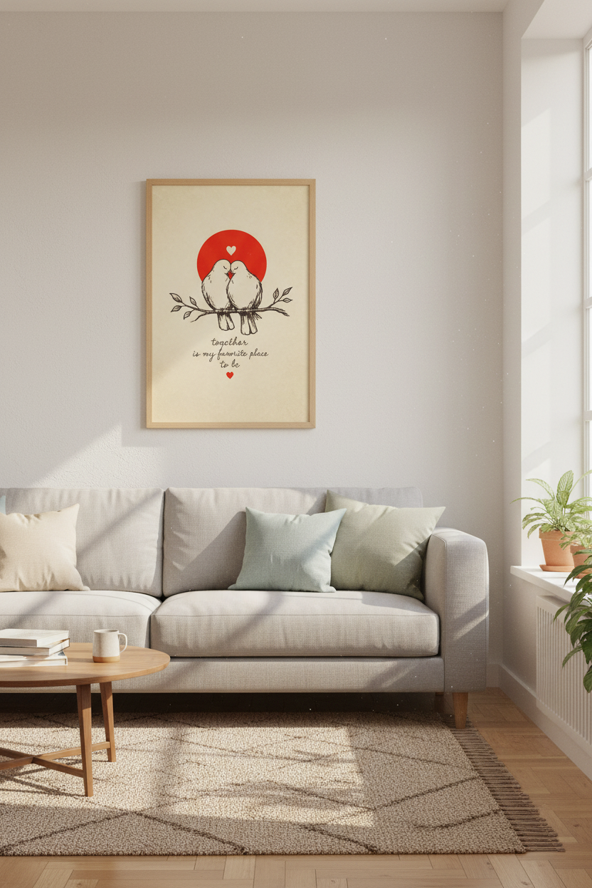 Lovebirds Couple Wall Art | Romantic Red Sun Poster, Bedroom Decor