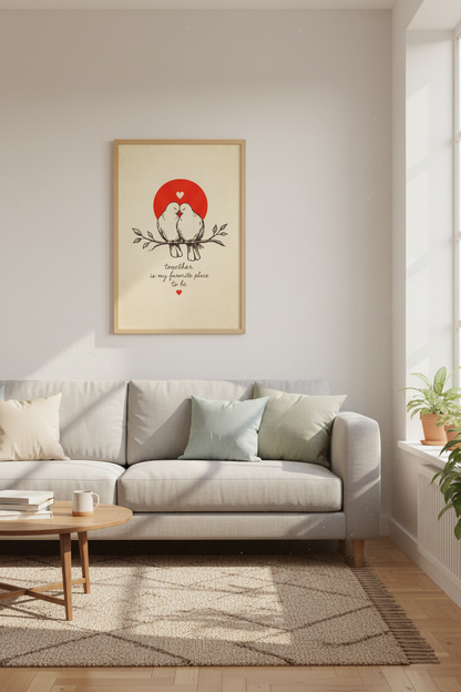 Lovebirds Couple Wall Art | Romantic Red Sun Poster, Bedroom Decor
