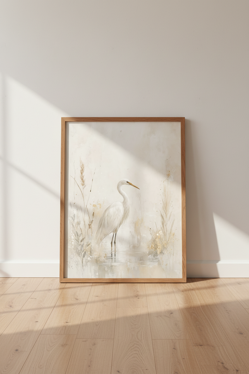 White Egret Bird Painting | Neutral Coastal Heron Print, Living Room Wall Art