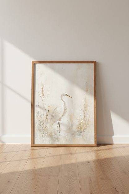 White Egret Bird Painting | Neutral Coastal Heron Print, Living Room Wall Art