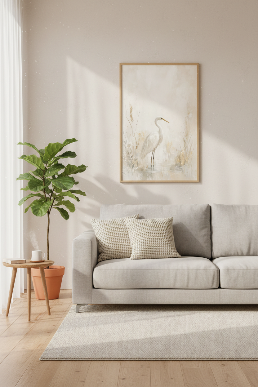 White Egret Bird Painting | Neutral Coastal Heron Print, Living Room Wall Art