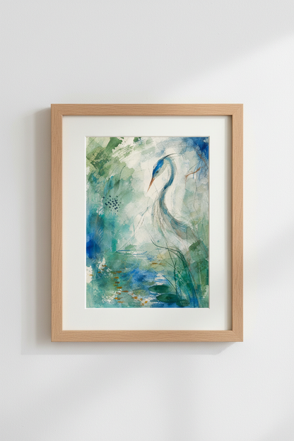 Blue Heron Wall Art Print | Teal watercolor, Living Room Decor