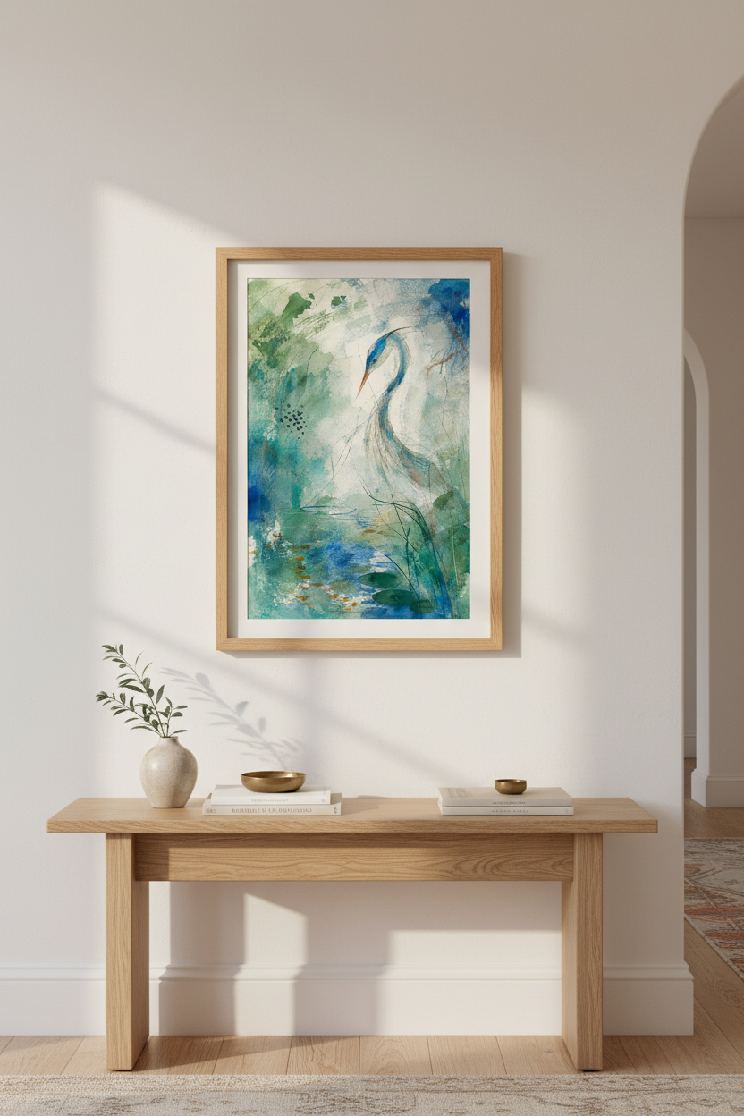 Blue Heron Wall Art Print | Teal watercolor, Living Room Decor