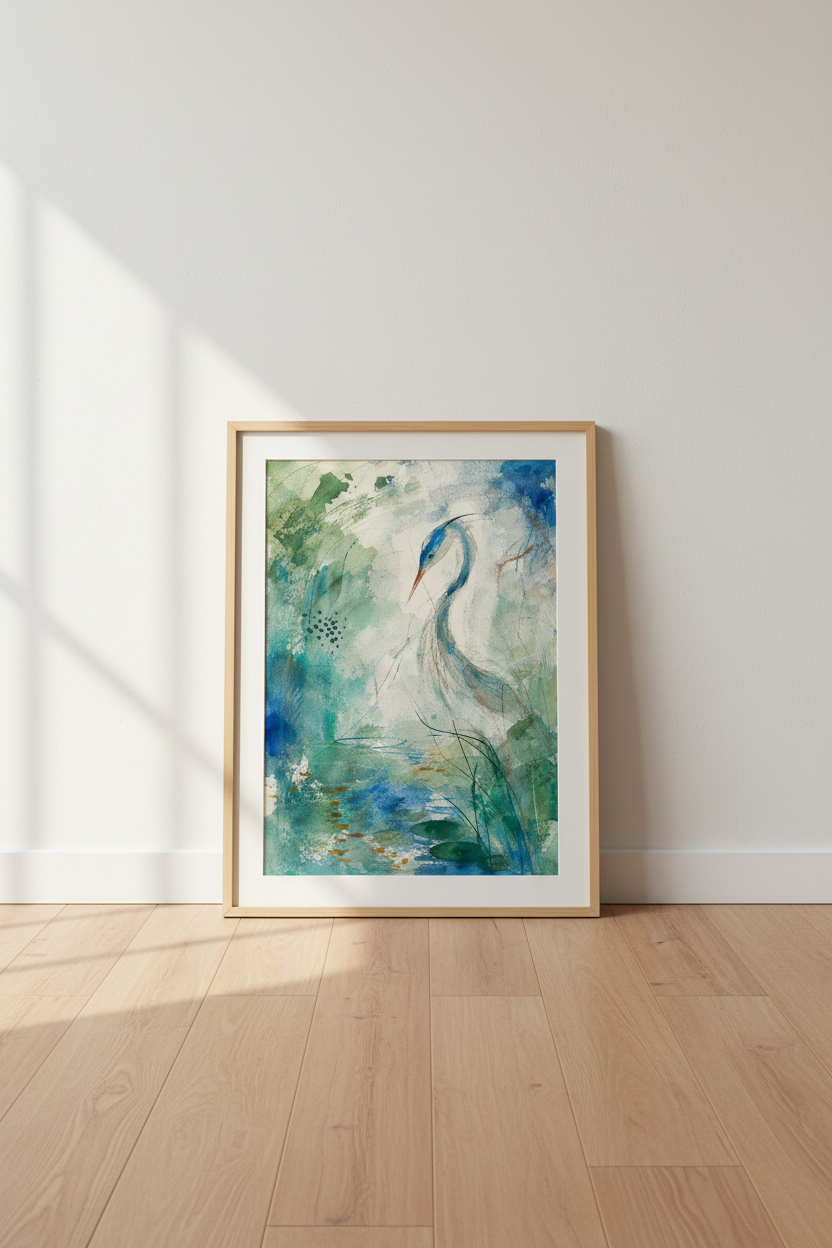 Blue Heron Wall Art Print | Teal watercolor, Living Room Decor