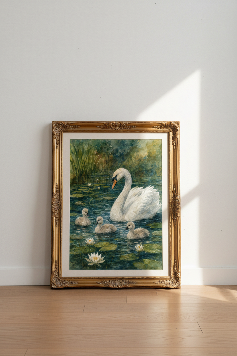 Watercolor Swan Art | Soothing Blues &amp; Greens, Living Room Decor
