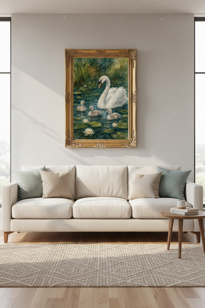 Watercolor Swan Art | Soothing Blues &amp; Greens, Living Room Decor