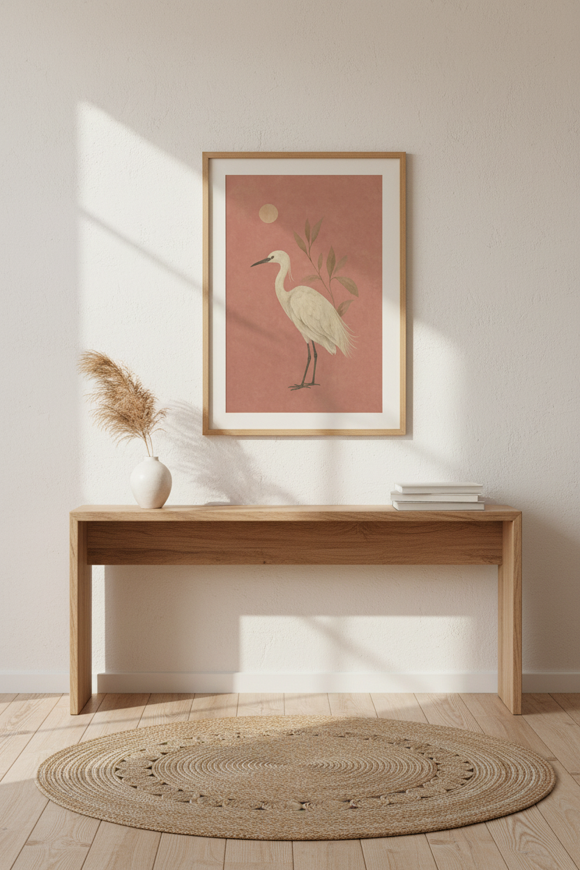 Minimalist Heron Wall Art Print | Living Room Decor | Soft Peach Poster