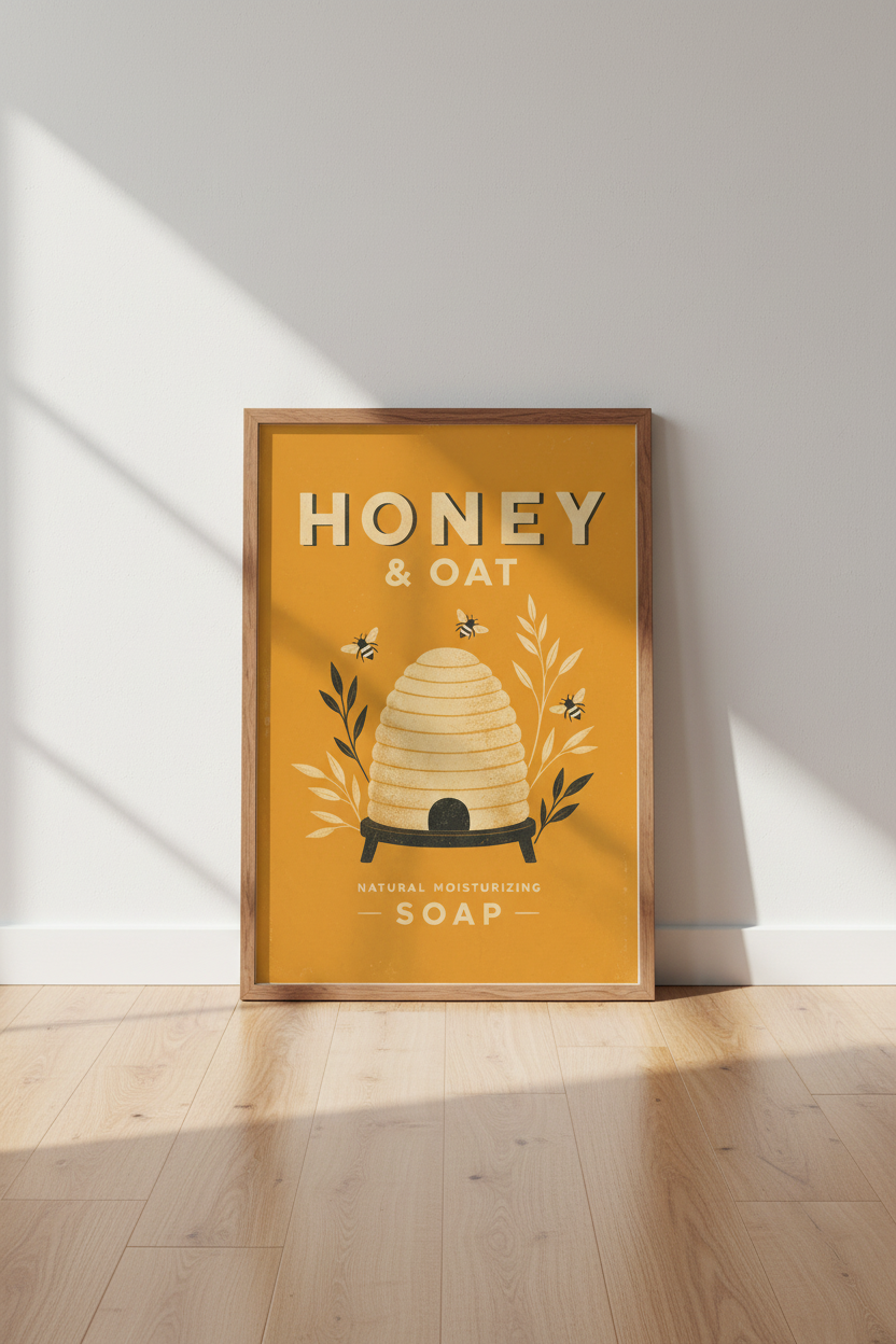 Honey &amp; Oat Beehive Wall Art Print | Kitchen Bathroom Decor | Vintage Soap Poster