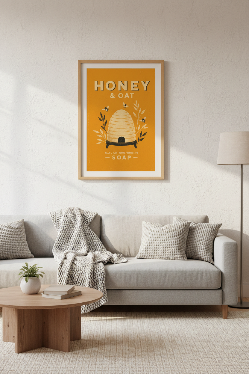 Honey &amp; Oat Beehive Wall Art Print | Kitchen Bathroom Decor | Vintage Soap Poster