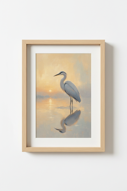 Heron Nature Wall Art Print | Coastal Sunrise Decor | Impressionist Bird Poster