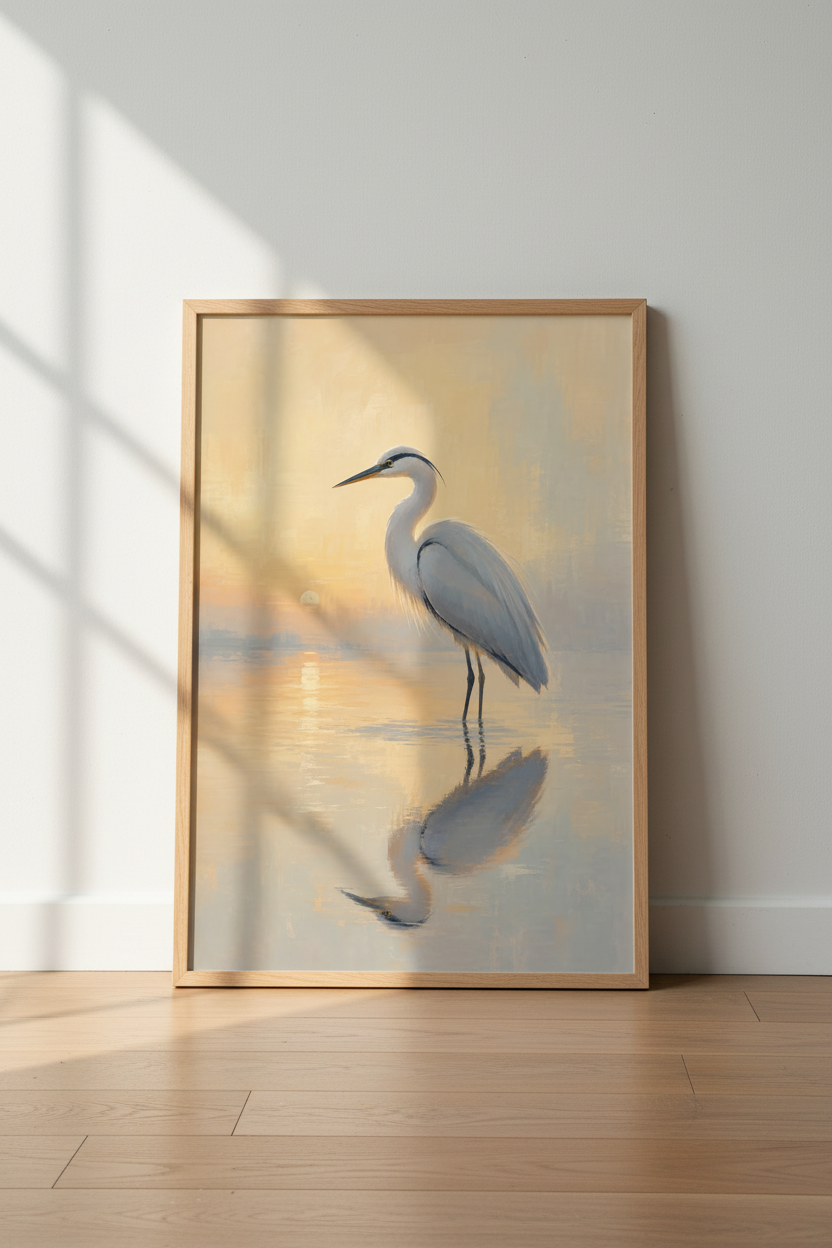 Heron Nature Wall Art Print | Coastal Sunrise Decor | Impressionist Bird Poster