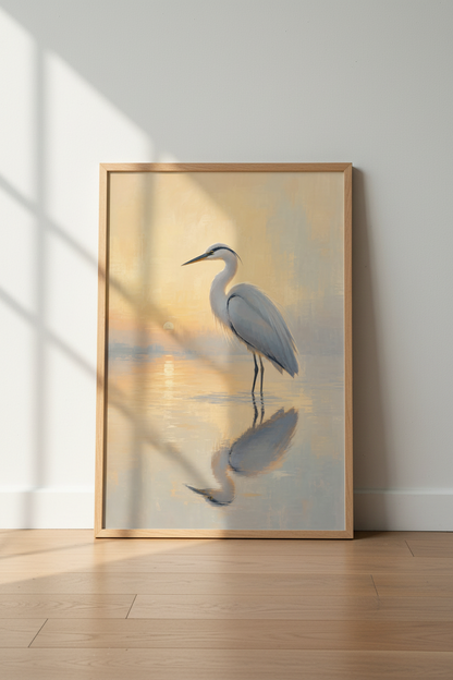 Heron Nature Wall Art Print | Coastal Sunrise Decor | Impressionist Bird Poster