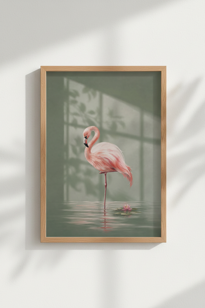 Flamingo Oil Painting Print | Sage Green Tropical Decor | Modern Aesthetic Poster