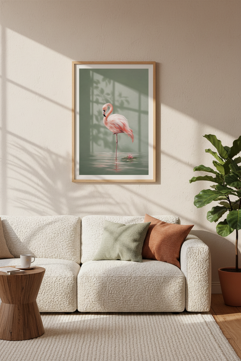 Flamingo Oil Painting Print | Sage Green Tropical Decor | Modern Aesthetic Poster