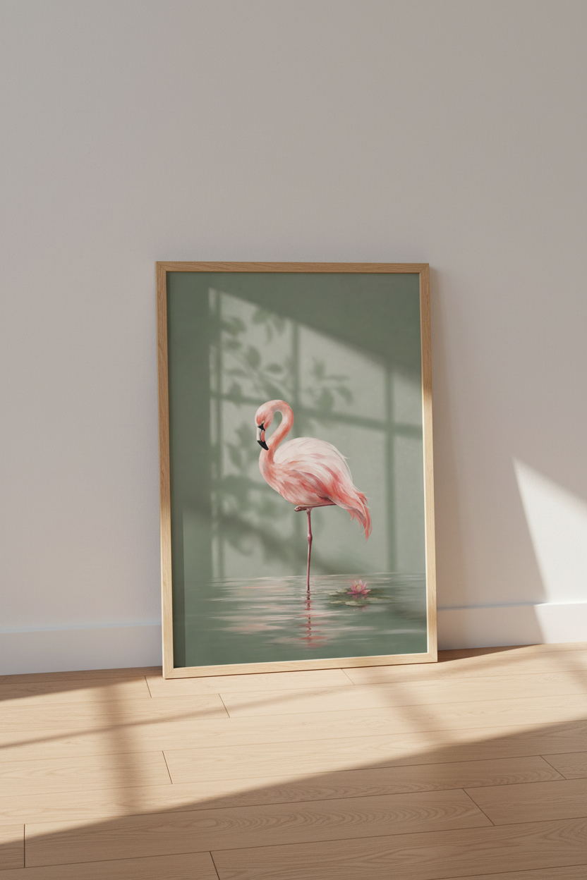 Flamingo Oil Painting Print | Sage Green Tropical Decor | Modern Aesthetic Poster