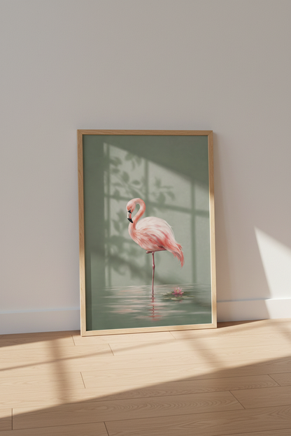 Flamingo Oil Painting Print | Sage Green Tropical Decor | Modern Aesthetic Poster