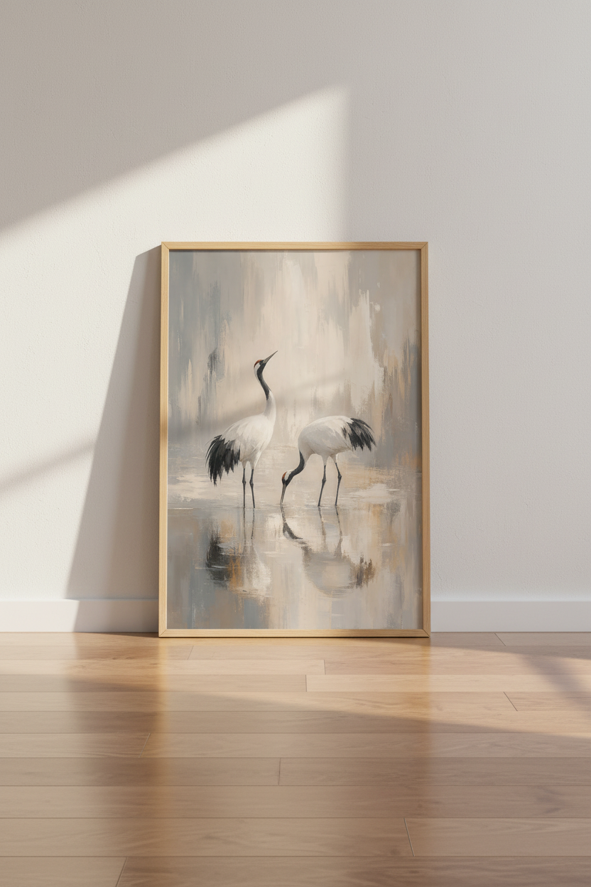 Japanese Crane Wall Art Print | Neutral Zen Decor | Minimalist Bird Poster