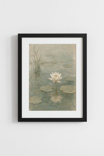 White Lily Pond Wall Art Print | Muted Sage Green Decor | Romantic Impressionist Poster