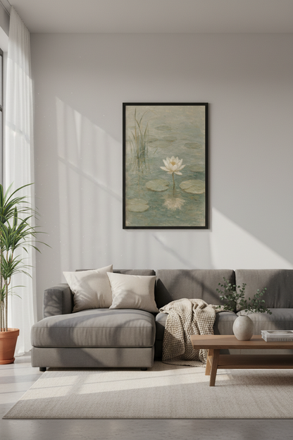 White Lily Pond Wall Art Print | Muted Sage Green Decor | Romantic Impressionist Poster