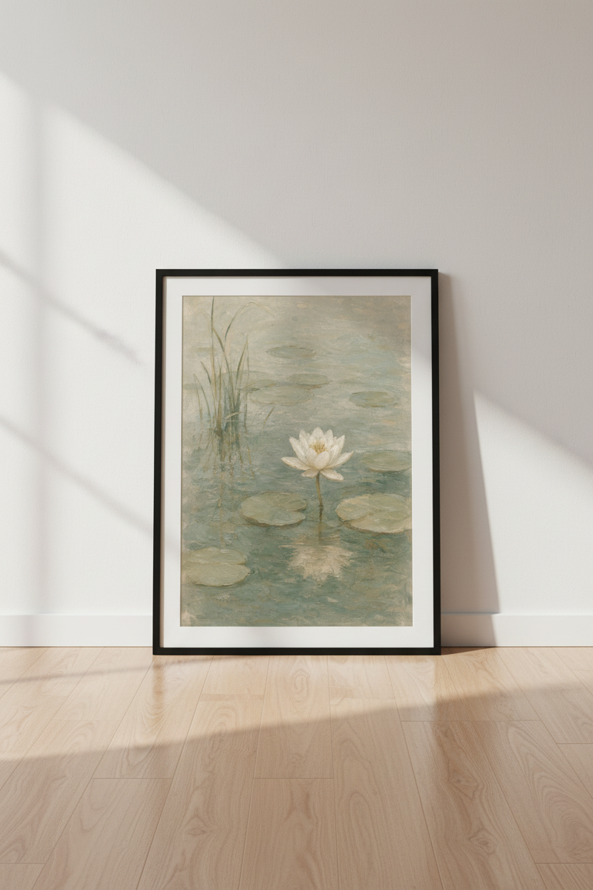 White Lily Pond Wall Art Print | Muted Sage Green Decor | Romantic Impressionist Poster