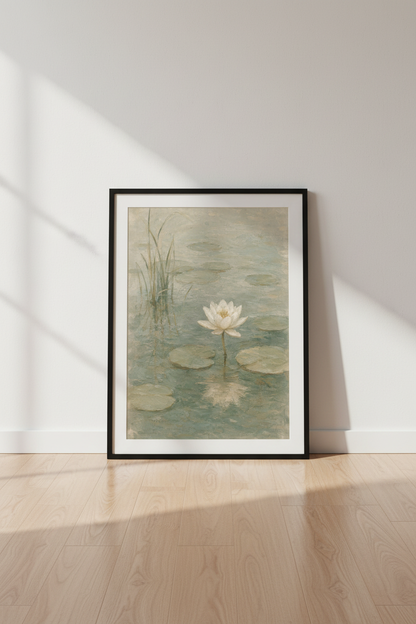 White Lily Pond Wall Art Print | Muted Sage Green Decor | Romantic Impressionist Poster
