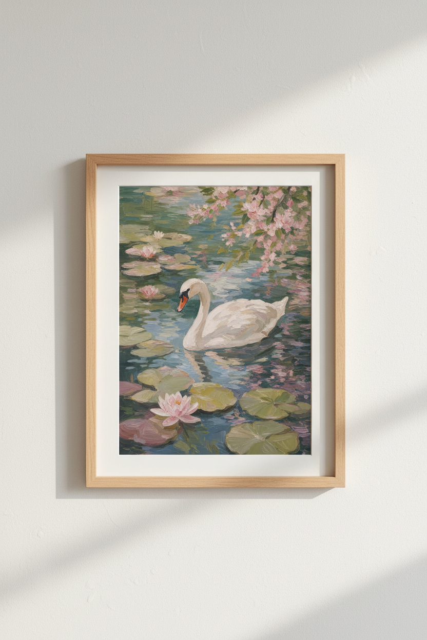 Impressionist Swan Wall Art Print | Pastel Floral Pond Poster, Cottagecore Decor