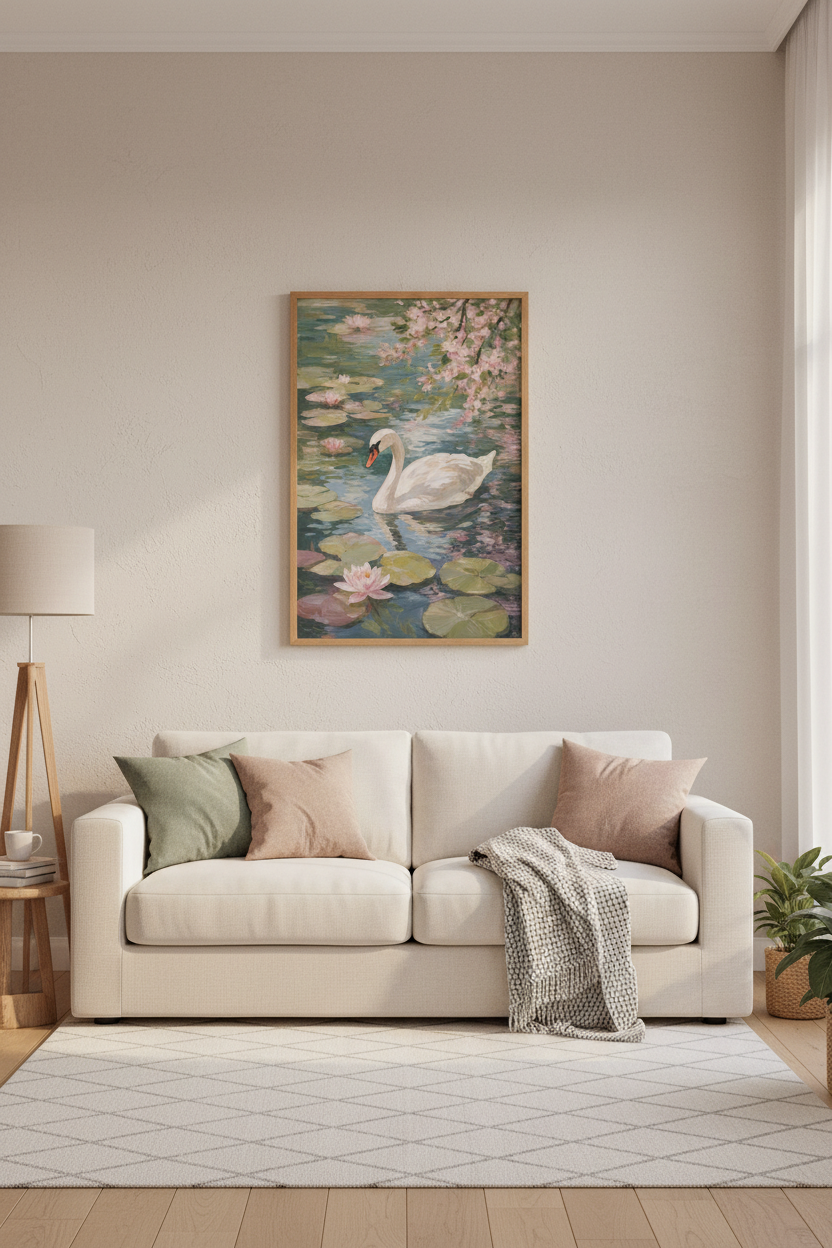 Impressionist Swan Wall Art Print | Pastel Floral Pond Poster, Cottagecore Decor