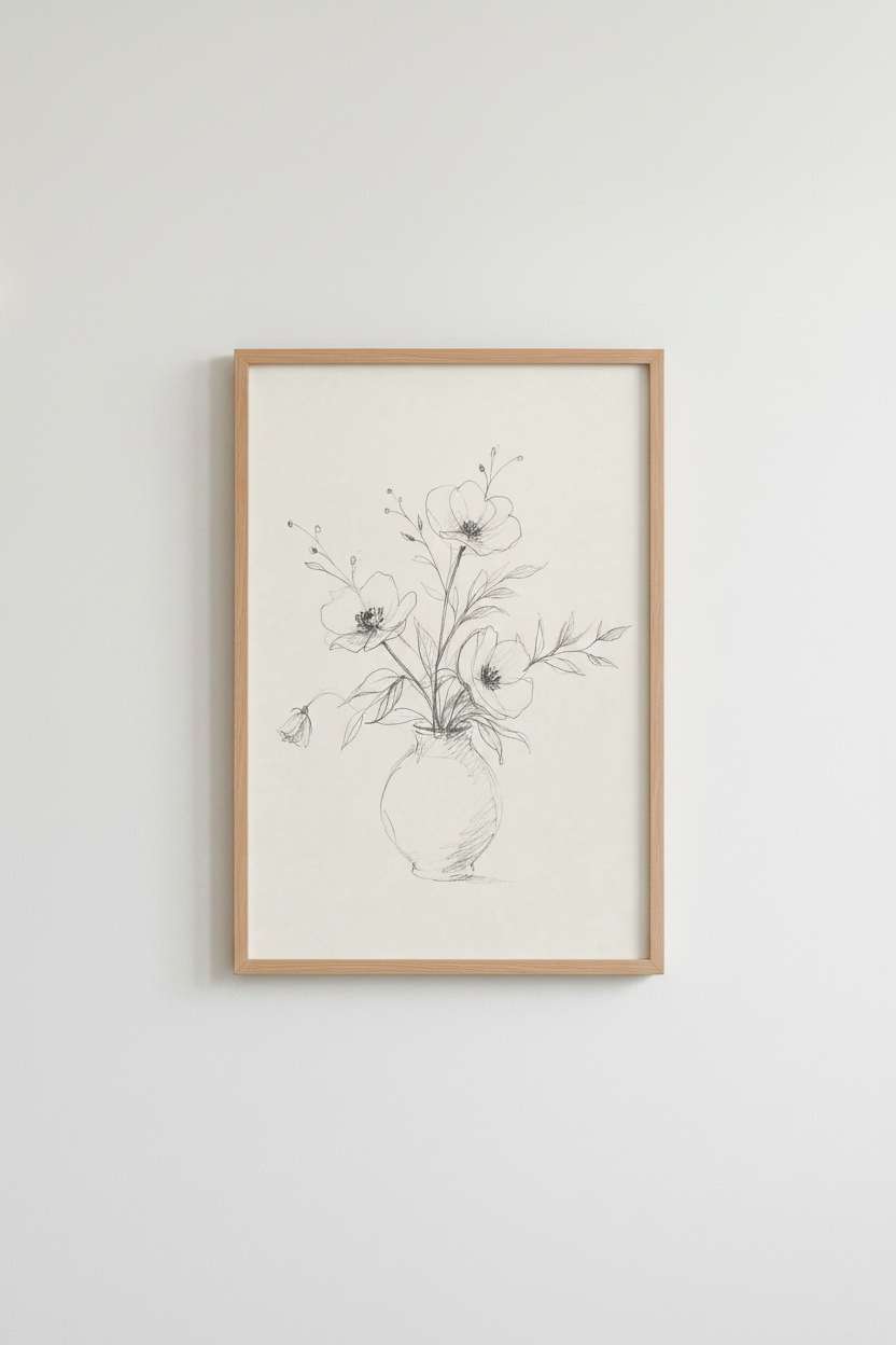 Wildflower Vase Sketch | Minimalist Charcoal Botanical Art, Bedroom Decor
