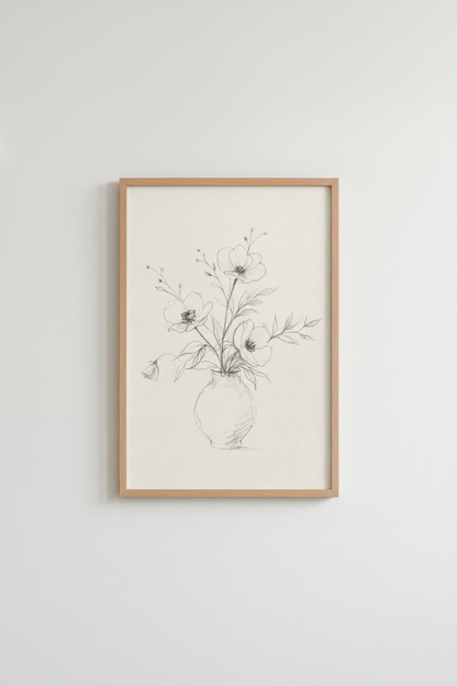 Wildflower Vase Sketch | Minimalist Charcoal Botanical Art, Bedroom Decor