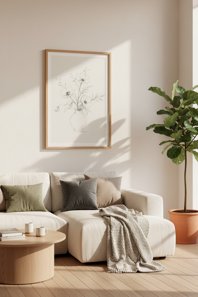 Wildflower Vase Sketch | Minimalist Charcoal Botanical Art, Bedroom Decor