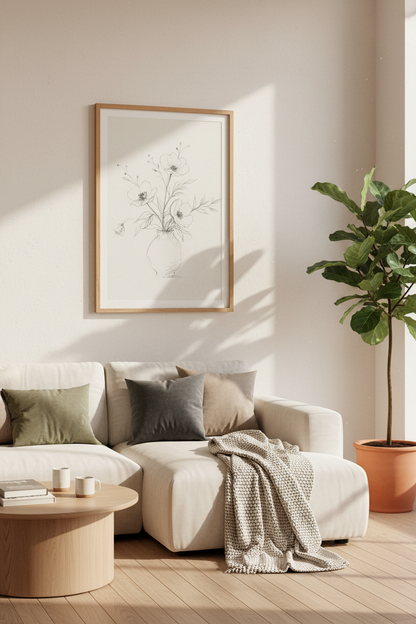 Wildflower Vase Sketch | Minimalist Charcoal Botanical Art, Bedroom Decor