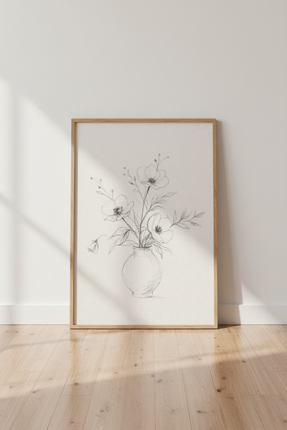 Wildflower Vase Sketch | Minimalist Charcoal Botanical Art, Bedroom Decor