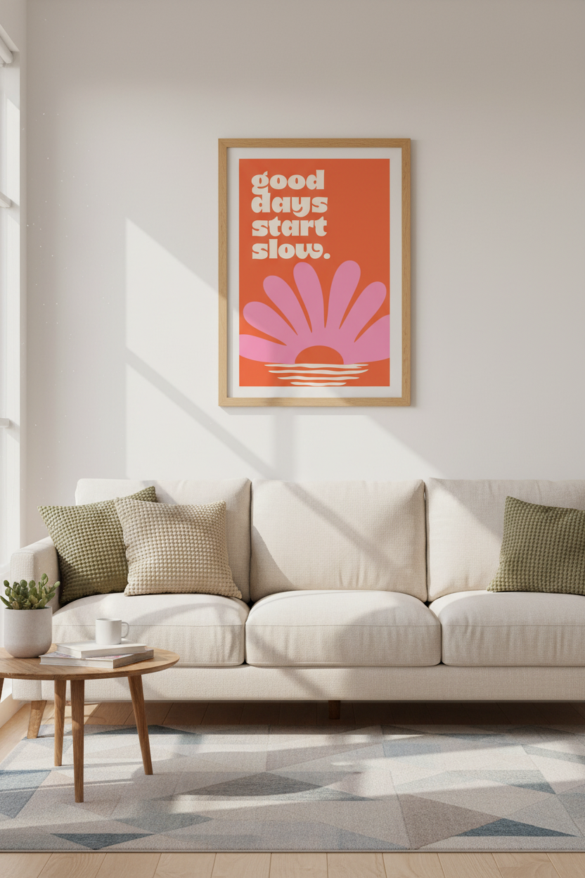 Good Days Start Slow Wall Art | Retro Orange &amp; Pink Boho Decor | Groovy Quote Poster